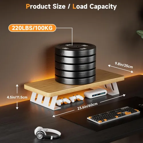 Miniatura 3 de Soporte para monitor, soporte de madera de 24 pulgadas, capacidad de carga de 220 libras, elevador de monitor de escritorio para Roble