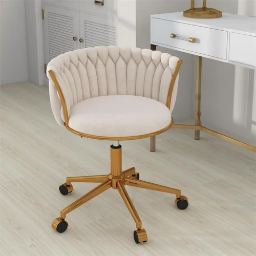 Miniatura 10 de ABET Silla de tocador con ruedas, pequeña silla de escritorio de terciopelo para oficina, taburetes de maquillaje semicirculares tejidos a mano