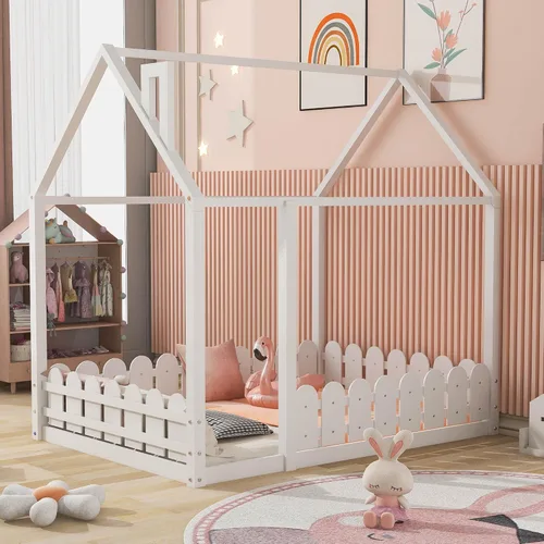 Miniatura 9 de MERITLINE Cama de madera tamaño individual, base de cama con techo, cama individual para niñas, niños, necesita somier, color blanco