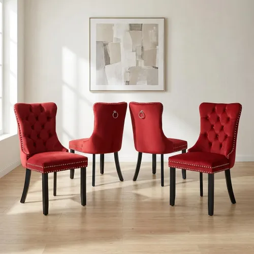 Miniatura 100 de OVENTA Juego de 4 sillas de comedor modernas tapizadas copetudas, terciopelo negro y gris y cuero con patas de madera maciza, sillas de cocina