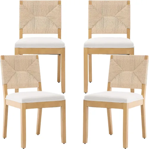 Miniatura 33 de Juego de 2 sillas de comedor de campo francés, sillas de comedor de madera de granja beige, silla de comedor con respaldo tejido con cojín tapizado