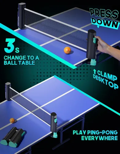 Miniatura 5 de Juego de 2/4 palas de ping pong profesionales de color negro con raquetas de tenis de mesa y 3 bolas de estrella, red de mesa de ping pong portátil