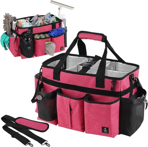 Bolsas grandes de organizador de limpieza rosa con tablero de soporte resistente, organizador de limpieza con divisores desmontables, bolsa de Rosa