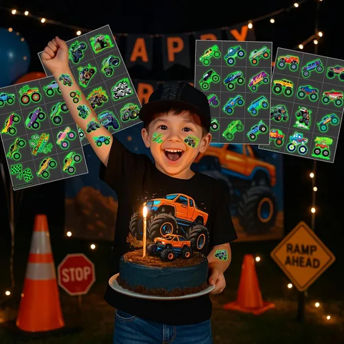 Miniatura 3 de 96 tatuajes temporales precortados de Monster Truck para niños, suministros para fiestas de cumpleaños, recuerdos y decoraciones súper lindos