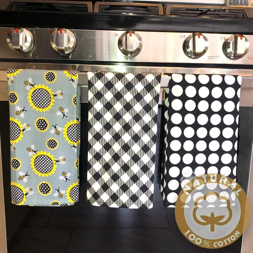 Miniatura 5 de Toallas de cocina con diseño de girasol de abejas, 100 % algodón, lindo abejorro, lunares, búfalo, a cuadros, tejido con lazo para colgar, 26 x 18