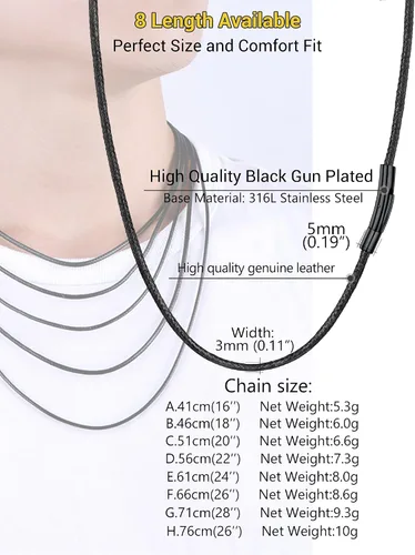 Miniatura 27 de PROSTEEL Collar de cuero impermeable para hombre, 0.079 in/0.118 in, 16 a 30 pulgadas, con cierre de acero inoxidable, cadena de bricolaje