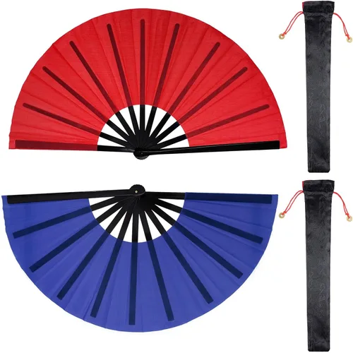 Miniatura 17 de Nydotd Paquete de 2 ventiladores plegables de mano grandes para fanáticos rave, tela de nailon plegable con funda de soporte para hombres y mujeres