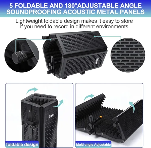 Miniatura 2 de Dmsky - Escudo de aislamiento de micrófono con filtro pop y soporte para trípode, escudo de micrófono plegable con triple aislamiento de sonido