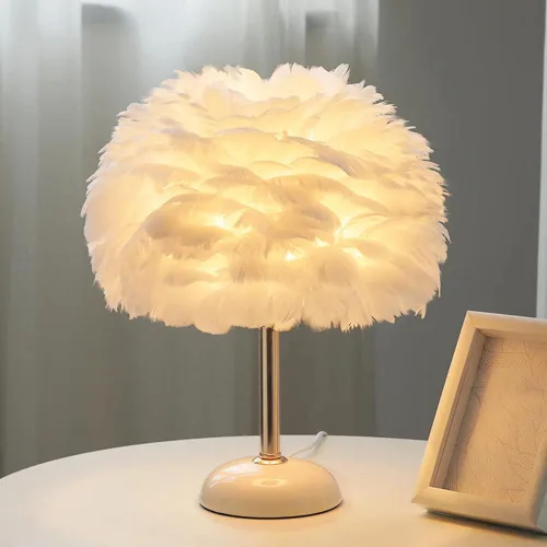 Miniatura 8 de Meefad Lámpara de noche de plumas, luz nocturna LED moderna con base de cerámica, lámpara de mesa rosa para dormitorio Rosado