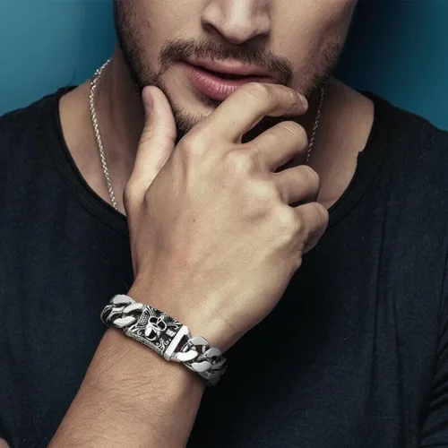 Miniatura 2 de COOLSTEELANDBEYOND Pulsera de cadena de acero cepillado vintage grande para hombre con flor de lis y calavera