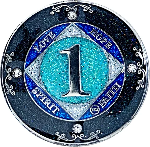 Miniatura 18 de NA 1 año de cristales y medallón de purpurina, moneda chapada en color plateado, arco iris negro, purpurina azul y cuatro cristales transparentes