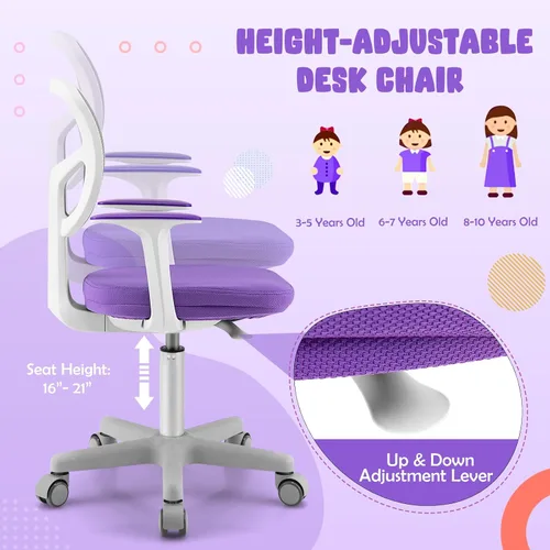 Miniatura 5 de Silla de escritorio para niños, silla ergonómica giratoria para estudio con soporte lumbar, malla transpirable y ruedas universales, silla de Violeta
