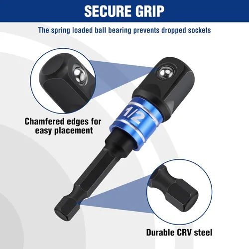 Miniatura 5 de WORKPRO Juego de Adaptadores de Dado de Grado de Impacto, Unidad de 1/4", 3/8" y 1/2", Punta de Destornillador con Extensión y Soporte, para Taladro
