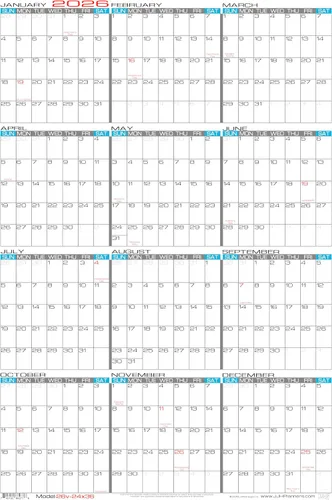 2026 Paper - Calendario de pared grande borrable de 24 x 36 pulgadas, vertical, anual, de 12 meses