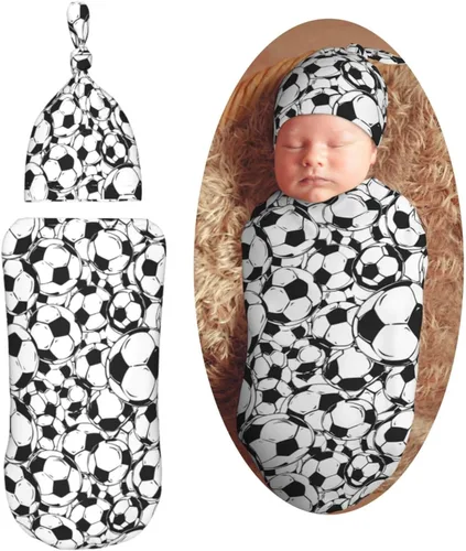 Miniatura 16 de Manta para envolver con pelota de fútbol para recién nacido, con juego de gorro, saco de dormir suave para bebé, elástico y ajustable, mantas