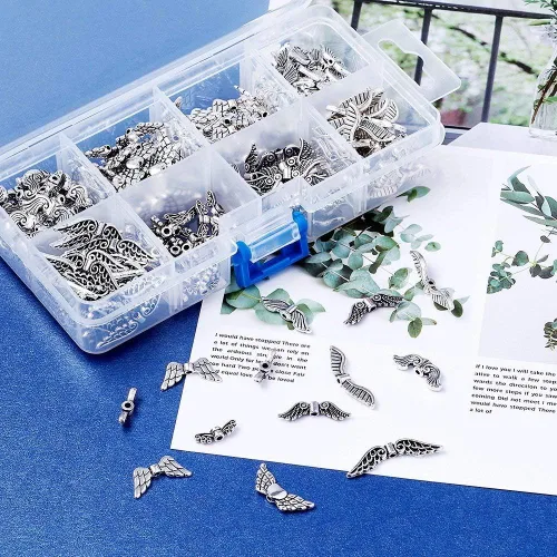 Miniatura 4 de Pandahall - 240 colgantes de aleación de alas de plata antigua, dijes de estilo tibetano, cuentas sueltas espaciadores para hacer joyas de ángeles