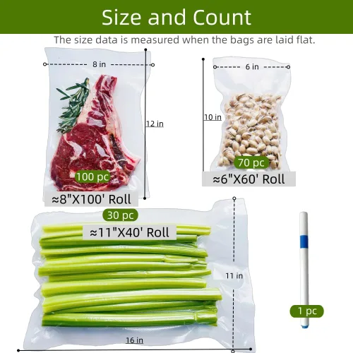 Miniatura 2 de 200 bolsas selladoras al vacío para alimentos + 1 marcador, 100 cuartos de galón + 70 pintas + 30 galones, sin BPA, 33 + % más gruesas, resistentes