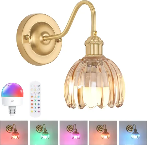 Miniatura 46 de Shenmoyl Aplique de Pared Vintage Operado por Batería con Linda Campana de Vidrio Tulipán Verde, Recargable Inalámbrica, Luz de Pared con Control