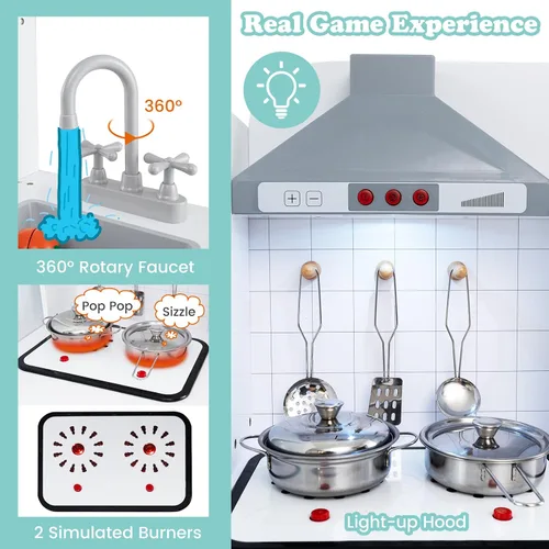 Miniatura 3 de HONEY JOY Juego de cocina para niños, 3 piezas, modular de madera de esquina, juego de cocina, refrigerador/lavadora y fregadero, campana extractora