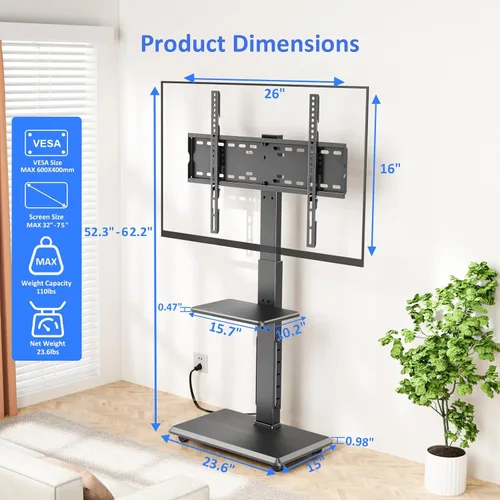 Miniatura 9 de Soporte de TV móvil con ruedas y toma de corriente, carrito de TV para televisores de 32 a 75 pulgadas hasta 110 libras, 18 alturas ajustables, Max