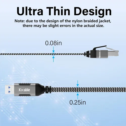 Miniatura 5 de Cable plano USB a Ethernet de 4 pies, cable delgado USB 3.0 A a RJ45, conectado directamente, aluminio, trenzado, OFC, cable de red LAN USB a RJ45