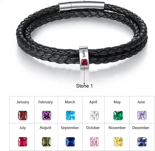 Miniatura 4 de kaululu Pulsera de cuero personalizada para hombres con piedras natales de 12345 cuentas de acero inoxidable grabadas con nombres personalizados
