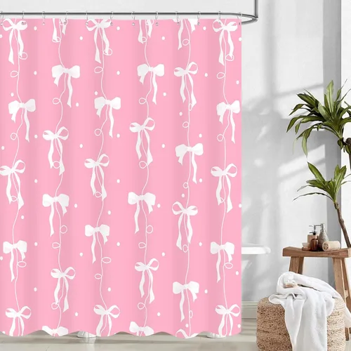 Miniatura 12 de Cortina de ducha con lazo negro, bonita cortina de ducha coqueta estética para adolescentes y niñas, decoración de tela impermeable con 12 ganchos