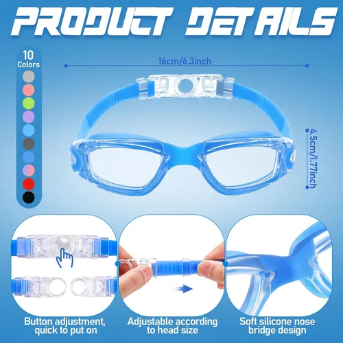 Miniatura 2 de Konohan Paquete de 10 gafas de natación a granel para niños y adultos, gafas de piscina antivaho de silicona sin fugas, gafas de natación