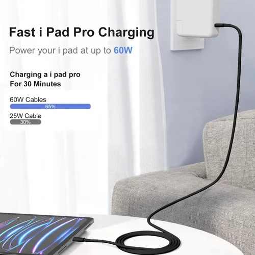 Miniatura 2 de Hzevn Cable de carga USB C de 60 W para MacBook Pro/Air y iPhone 16/15 Pro Max, certificado MFi 20V/3A, cable de carga súper rápido de 6 pies + 10