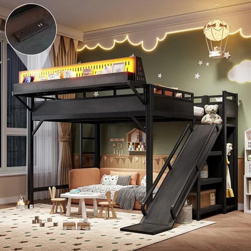 Miniatura 15 de Cama tipo loft de tamaño matrimonial con escaleras de almacenamiento integradas, armario, marco de cama alta de metal con barandilla lateral