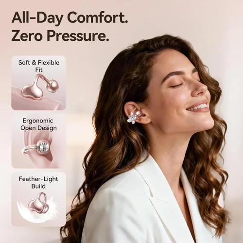 Miniatura 4 de Kinglucky Auriculares de oído abierto ClipFree con aretes de mariposa, auriculares ultracómodos y de ajuste seguro tipo clip, 50 horas de Oro rosa