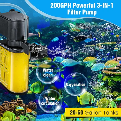 Miniatura 3 de Filtro de acuario para acuario de 20 a 50 galones, filtros ultrasilenciosos para pecera, filtración bioquímica de 200 GPH, potente bomba sumergible