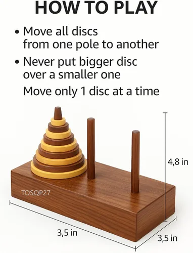 Miniatura 4 de TOSQP27 Gift Tower Hanoi Puzzle Brainteaser Juego Torre de Hanoi 9 anillos de madera mejor artesanal hecho a mano divertido juego para desafíos