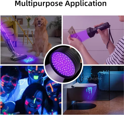 Miniatura 8 de Linterna UV de luz negra, 100 LED (390 nm), detector portátil de orina de mascotas para orina de perro/gato, manchas secas, chinches, batería