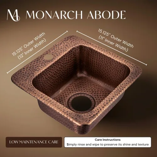 Miniatura 2 de Monarch Abode Fregadero de cocina y bar – Fregadero Baxter de 15 pulgadas, fregadero de cobre puro martillado a mano con orificio para grifo