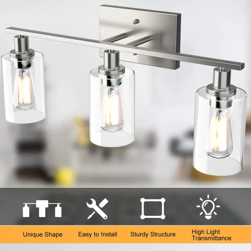 Miniatura 8 de Tangkula Lámparas de tocador de baño de 3 luces, apliques de pared modernos con pantalla de vidrio transparente con base E26, iluminación de pared