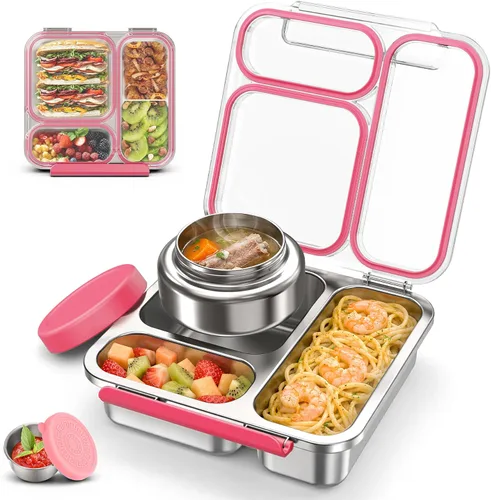 Miniatura 10 de Caja Bento de acero inoxidable para niños y adultos con termo de sopa de 7 onzas, tapa transparente, 3 compartimentos, lonchera Bento de metal