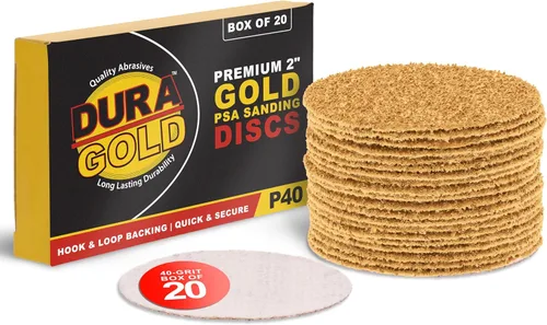 Dura-Gold Discos de lija dorados de 2 pulgadas de alta calidad, grano 40 (caja de 20), discos de papel de lija abrasivos de corte extra grueso de