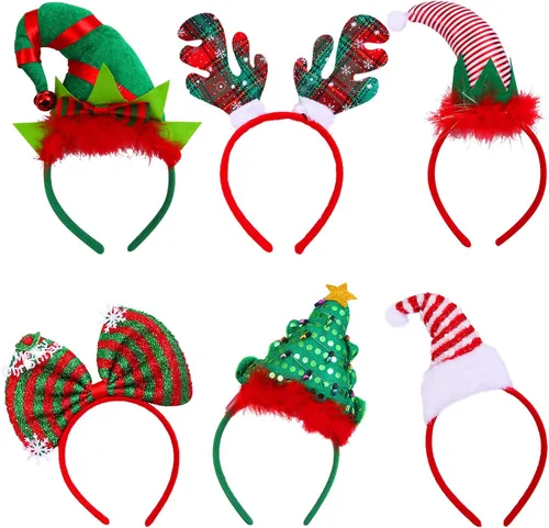 ELCOHO Paquete de 6 diademas de Navidad, sombrero de fiesta de Navidad y diadema de cuernos de reno para decoración de fiesta de Navidad, Rojo -,