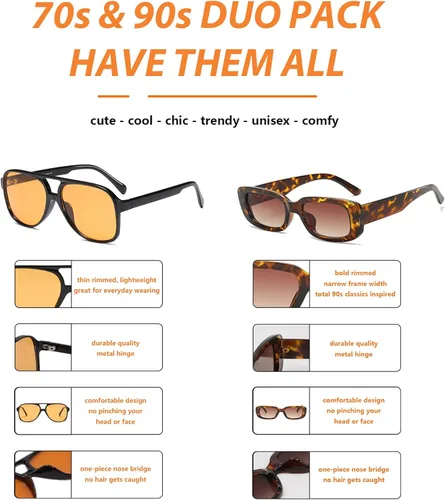 Miniatura 6 de Lentes de sol vintage retro de los años 70 para mujer y hombre, montura clásica, cuadrada y grande estilo aviador, lentes naranjas de moda UV400