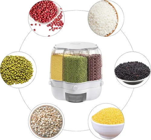 Miniatura 4 de Dispensador de arroz giratorio grande con 6 rejillas de almacenamiento de cereales, cubo de arroz blanco, contenedor de arroz integral con tapa