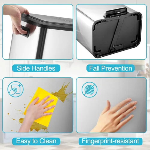 Miniatura 5 de GAOMON Cubo de basura doble de cocina y cubo de reciclaje, 2 x 4 galones, cubo de basura de acero inoxidable, 30 litros, contenedor