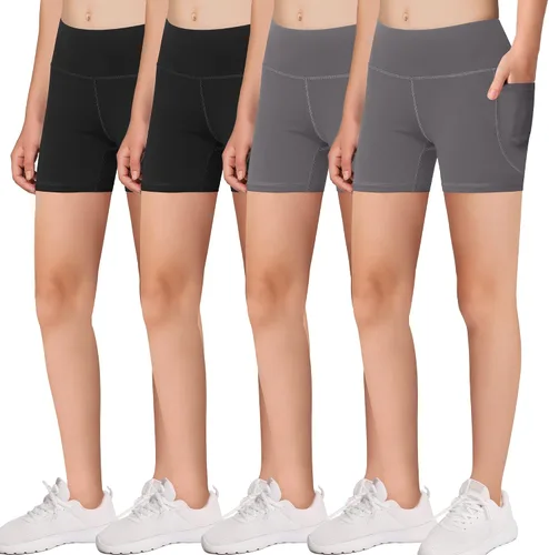 MIRITY Pantalones cortos deportivos de ciclista con bolsillos para niñas, para bailar, yoga, correr, fútbol, voleibol, bicicleta, (paquete de 4)