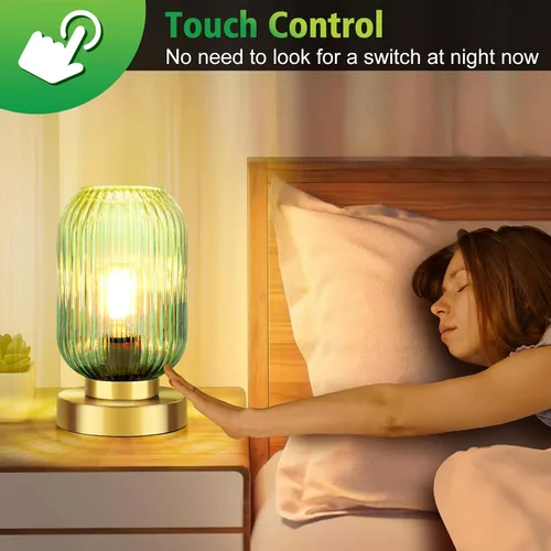 Miniatura 2 de Lámpara de mesa moderna de mediados de siglo, control táctil y regulable de 3 vías, pantalla de vidrio acanalado verde, dorado pequeño, lámpara
