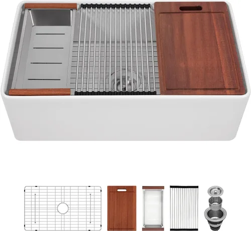 Miniatura 10 de Sarlai - Fregadero de cocina de granja blanco de 33 pulgadas, fregadero de 84 x 51 cm con delantal frontal de cerámica de porcelana vítrea