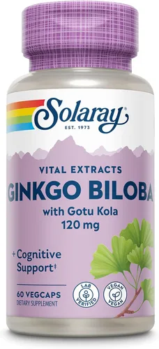 SOLARAY Extracto de Ginkgo Biloba con Gotu Kola - Cápsulas de Ginko Biloba para apoyo a la salud cerebral, vegano, verificado en laboratorio, 60