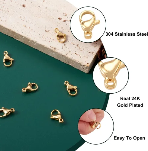 Miniatura 5 de Pandahall - 100 cierres de pinza de langosta de acero inoxidable 304, chapado en oro de 18 quilates, 0.512 x 0.315 x 0.157 in, para pulir joyas