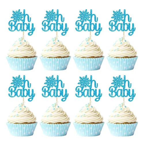 Gyufise Paquete de 24 adornos de copos de nieve Oh Baby para cupcakes con purpurina azul Frozen Oh Baby Pick Decoraciones para baby shower