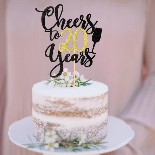 Miniatura 4 de 1 pieza de decoración para tartas de "Cheers to 20 años" con purpurina dorada y negra para pastel de 20 años, decoración de pastel de 20 años