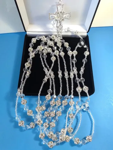Miniatura 2 de Lazo de boda para boda de Cristal fino Combinado con bola de rhigestone de 0.630 in con Cristal Lasso Color Plata sin imagenes y Cruz católica.